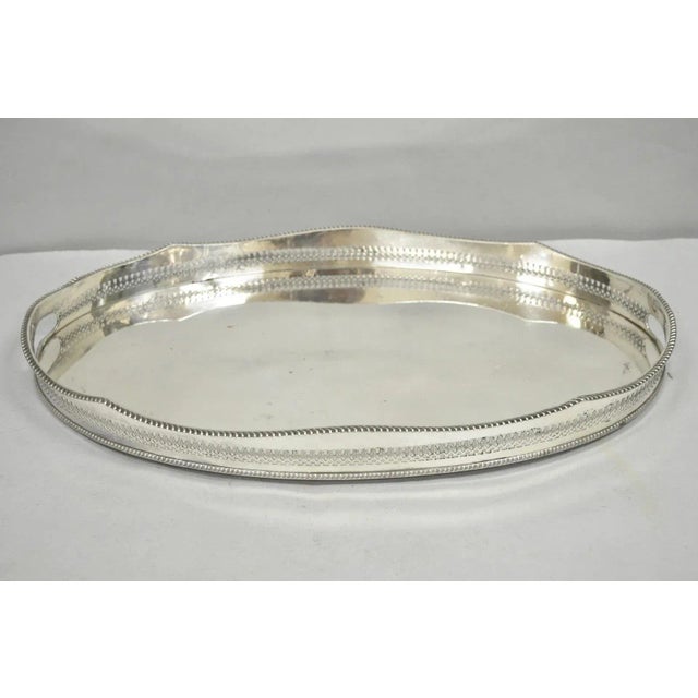 Antique English Edwardian Silver Plated Oval Bar Serving Tray W/ Raised Gallery For Sale - Image 12 of 12