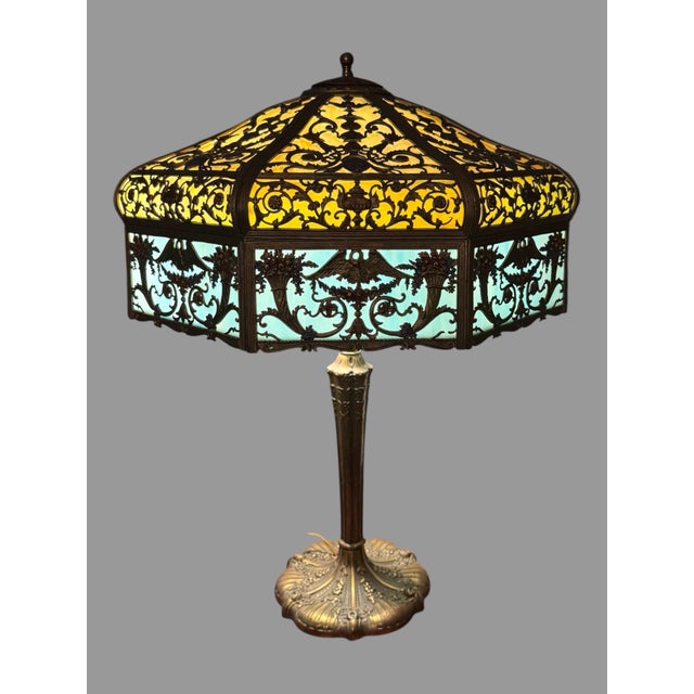 Early 20th Century Victorian Table Lamp With Multiple Molded Colored Slag Glass Lamp Shade Panels 27" For Sale - Image 12 of 12