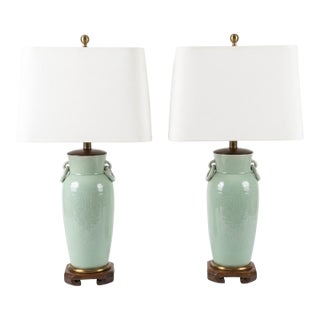 Vintage Frederick Cooper Crackle-Glazed Celadon Porcelain Table Lamps For Sale