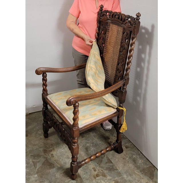 Antique Italian Renaissance Revival Carved Walnut Throne Hall Chair With Putti, Cane Back & Barley Twist Arms For Sale - Image 11 of 15