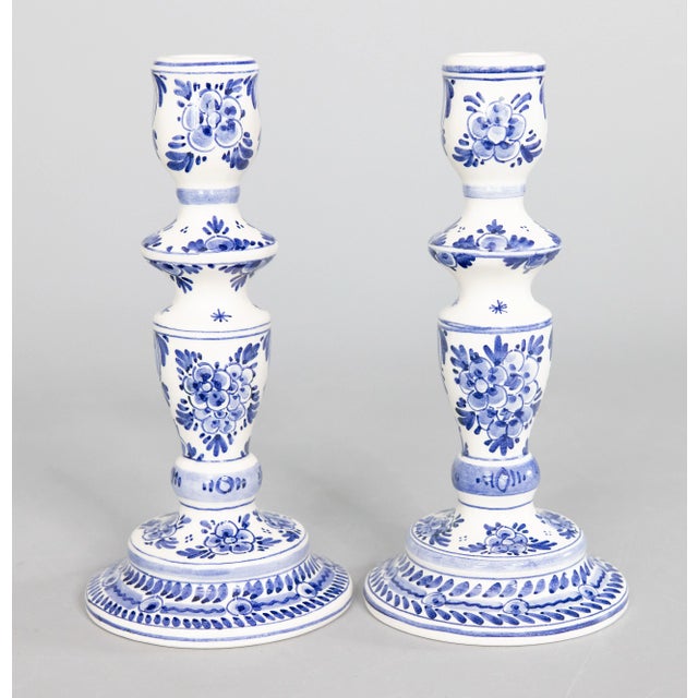 Blue Vintage Dutch Delft Faience Floral Candlesticks - a Pair For Sale - Image 8 of 8