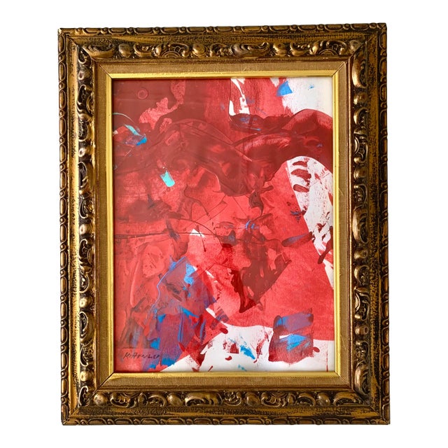 Vintage Red Abstract Painting in Antique Frame For Sale