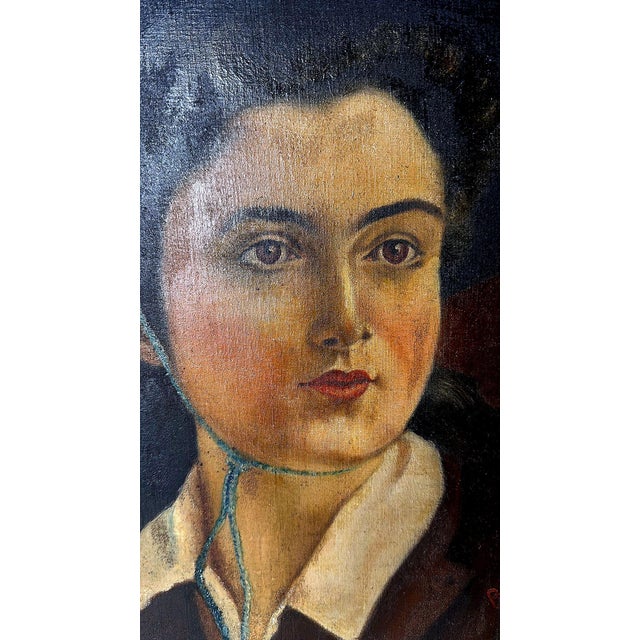 Wood Mid 20th Century Italian Figurative Oil on Canvas Portrait of a Young Woman With Giltwood Frame For Sale - Image 7 of 18