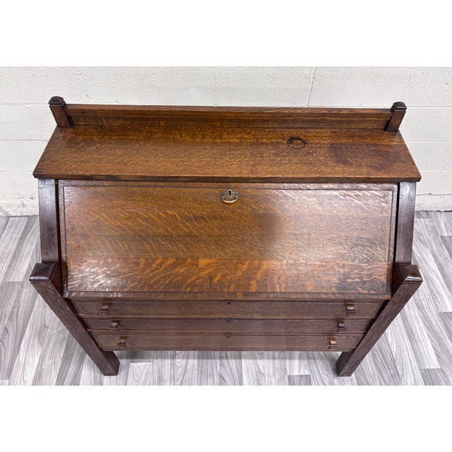 Antique Cron-Kills Co. Arts & Crafts Mission Tiger Oak Secretary Desk For Sale - Image 4 of 13