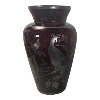 Antique Amethyst Purple Glass Vase Sterling Silver Overlay Peacock 10.5” For Sale