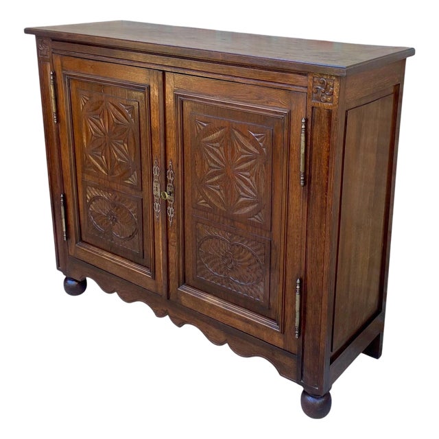 Spanish Carved Oak Cabinet with Geometric Panels, Early 20th Century For Sale