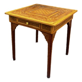 Antique Square Rustic Folk Inlay Marquetry Game / Chess Accent Table For Sale