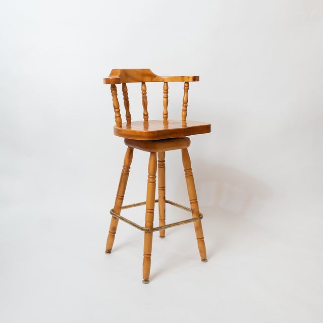 1980s 1980s Set of 4 Knotty Pine Swivel Captain’s Bar Stools With Saddle Seats For Sale - Image 5 of 8