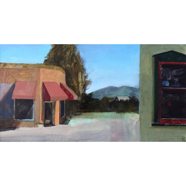 Daytime Secret by Emma Kalff | Oil on panel Painting of a street scene with buildings and mountains. For Sale