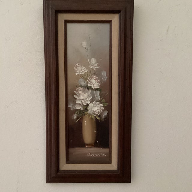 Vintage Painting on Driftwood “White Peony“ by Robert Cox (1934- 2001) Framed For Sale - Image 12 of 12