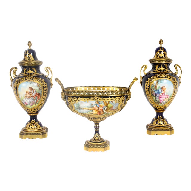 Paris Porcelain & Ormolu Mounted 3 Piece Mantel Set, Early 20th Century, Set of 3 For Sale