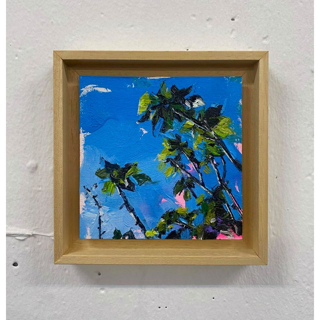 This artwork captures a vibrant sky filled with lush green foliage, rendered in an expressive blend of acrylic and oil....