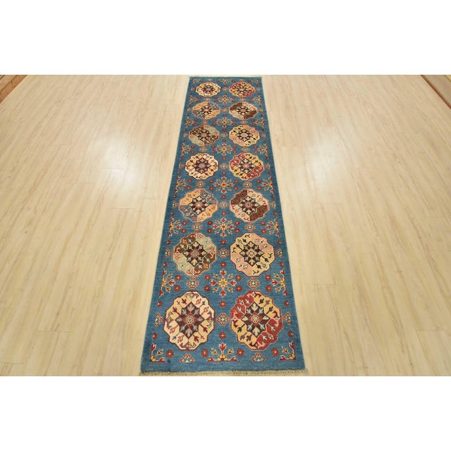 Farmhouse Kazak Runner 2’8” X 9’4” Blue Wool Tribal Hand-Knotted Oriental Rug For Sale - Image 3 of 13
