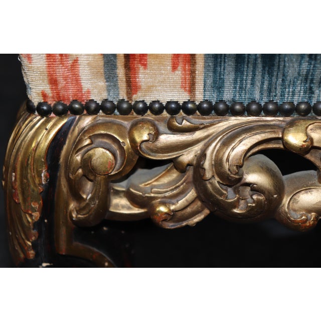 Outrageous Colorful Upholstered Italian Rococo Giltwood Carved Ebonized Stool For Sale - Image 4 of 7