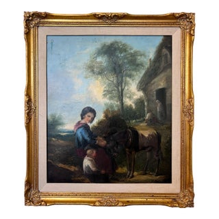 Antique 19 Century Pastoral Genre Original Oil Canvas Painting European School For Sale
