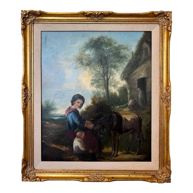 Antique 19 Century Pastoral Genre Original Oil Canvas Painting European School For Sale