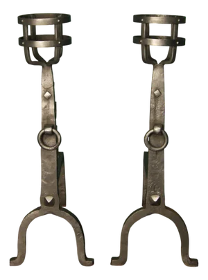Wrought-Iron Cresset Fireplace Andirons, 1950, Set of 2