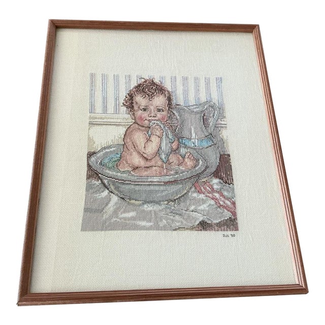 1990 Cross Stitch of Darling Bathing Baby For Sale