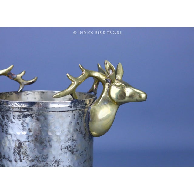 Vintage Wine Coaster Holder Hammered Silver Metal and Brass Deer Head Handles For Sale - Image 4 of 9