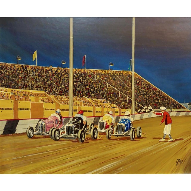 Oil Painting G. Fox Car Race Circa 1930, Framed For Sale - Image 6 of 12