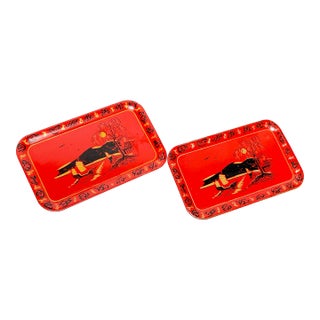 Mid Century Modern Metal Tin Red, Black, & Gold Chinoiserie Large Trays - a Pair For Sale