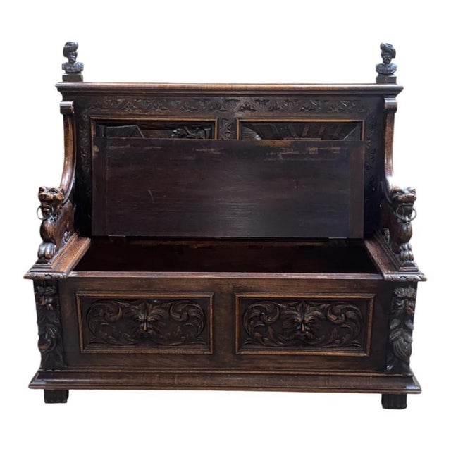 French Renaissance Revival Carved Oak Hall Monks Bench with Lion Masks, 1860s For Sale - Image 9 of 15