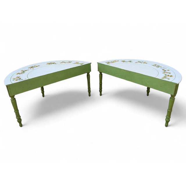 An elegant pair of fir wood console tables dating back to the 1940s and 1950s. Handcrafted, these semicircular consoles...