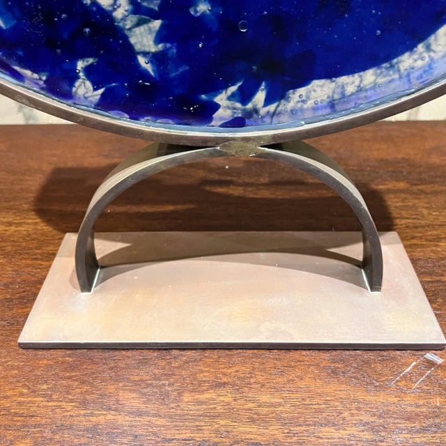 Postmodern 2000s Menorah Seven Arm Blue Fused Art Glass Bronze Signed For Sale - Image 9 of 12