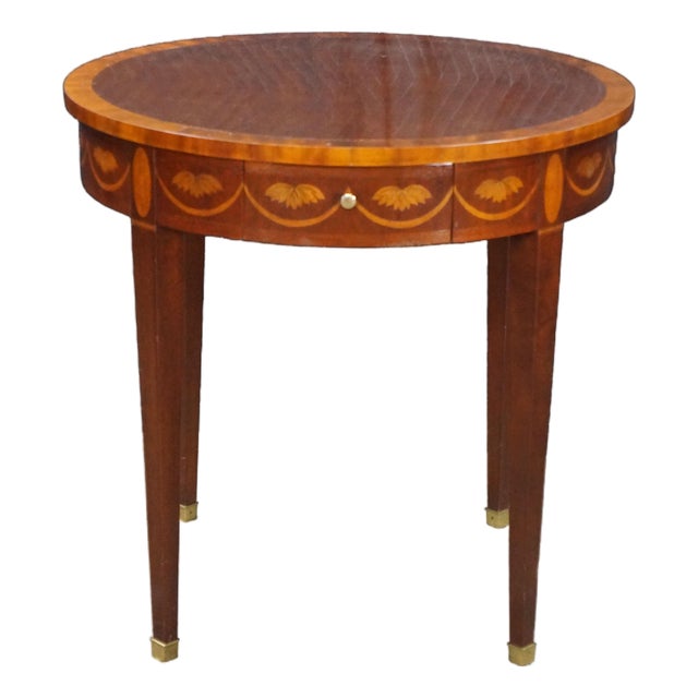 Mid 20th Century Baker Federal Hepplewhite Style Mahogany Round Inlaid Side Table Pullout Trays For Sale