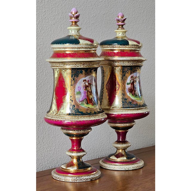 Pair of Antique Austrian Porcelain Urns, Hand-Painted Figural Scenes, Heavy Gilt, C. 1900 For Sale - Image 4 of 18