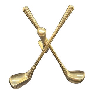 Vintage Brass Golf Ball Holder, Golf Club Paperweight, Gold Club Tripod For Sale