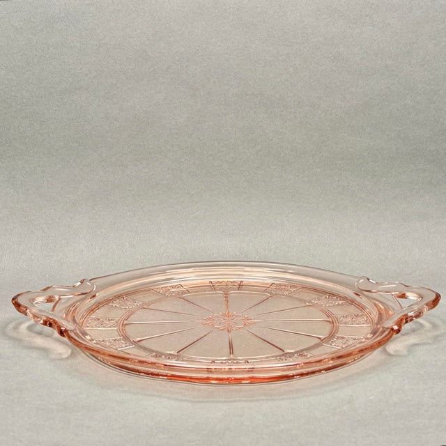 “Vintage Pink Depression Glass Handled Cake Plate in Jeanette Glass “Doric” Pattern” For Sale - Image 4 of 10