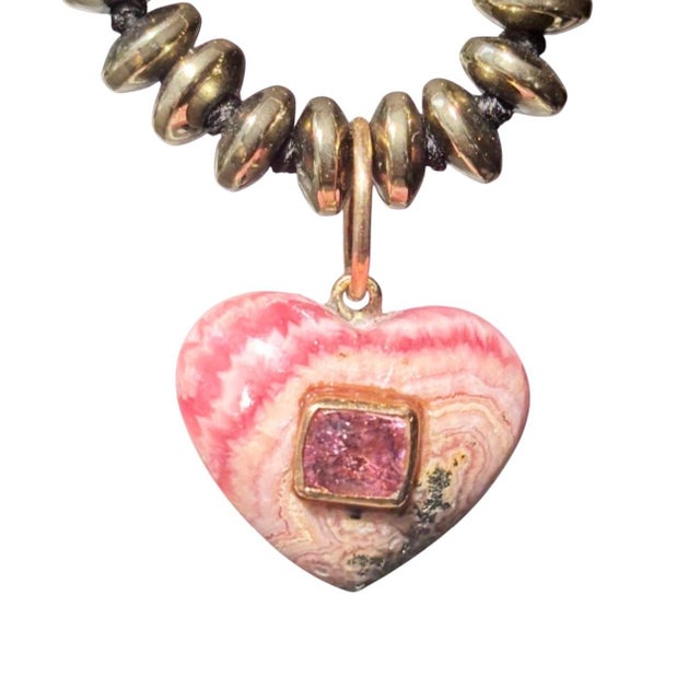 Rhodochrosite Heart Necklace With Spinel, 14k Gold & Pyrite For Sale - Image 4 of 13