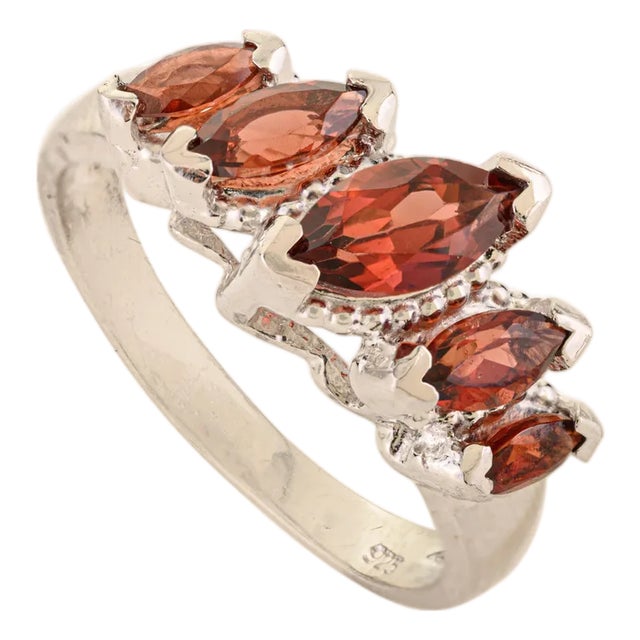 Timeless 925 Silver Garnet Statement Ring With Five Marquise Cut Stones - Size 7 For Sale