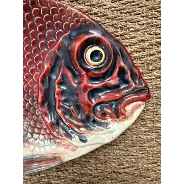 Fantastic, very large (16") antique Bordallo Pinheiro platter in the shape of a fish dating to the early 20th century. The...