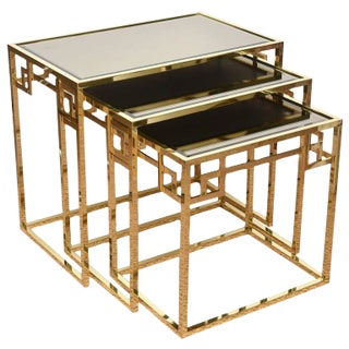 Vintage Italian Brass and Glass Greek Key Nesting Tables Set of 3, 1970's For Sale