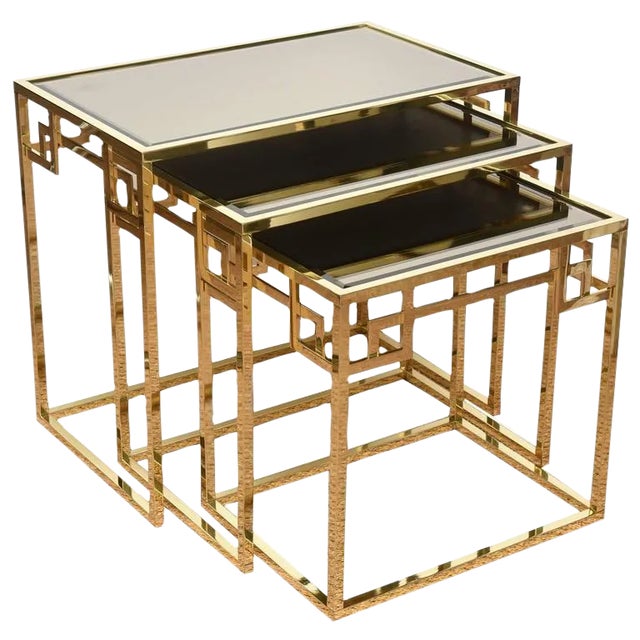 Vintage Italian Brass and Glass Greek Key Nesting Tables Set of 3, 1970's For Sale