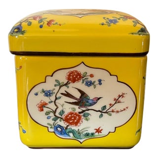 Le Tallec Paris Porcelain Covered Box Decorated With Birds Perched on Flowering Prunus Branches in the Chinoiserie Manner For Sale