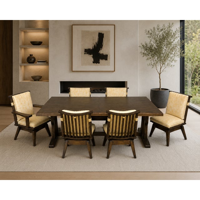 An extraordinary, investment-grade 7-piece Mid-Century Modern Japanese dining suite marrying architectural brutalist...