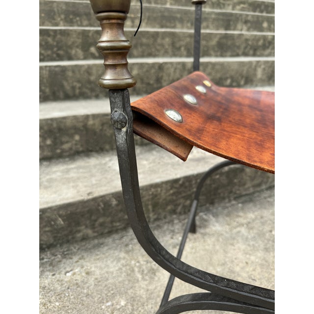Brown Vintage Italian Wrought Iron, Brass & Leather Curule Chair For Sale - Image 8 of 11
