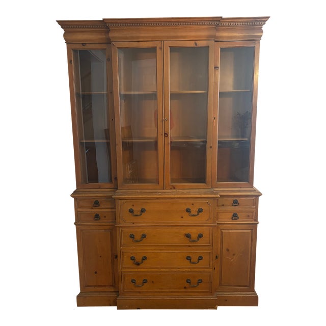 Vintage Solid Pine Secretary China Cabinet / Bookcase Hutch For Sale