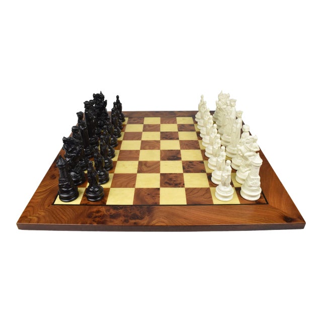Mid 20th Century Medieval E.S. Lowe Chess Set With Large Wooden Board- 33 Pieces For Sale