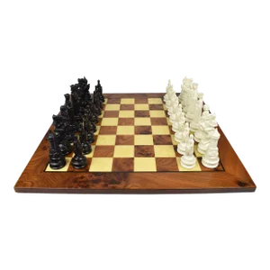 Mid 20th Century Medieval E.S. Lowe Chess Set With Large Wooden Board- 33 Pieces