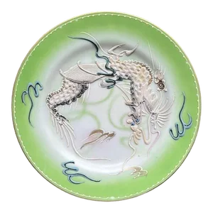 Vintage Lime Green Japanese Dragonware Moriage Ceramic Plate