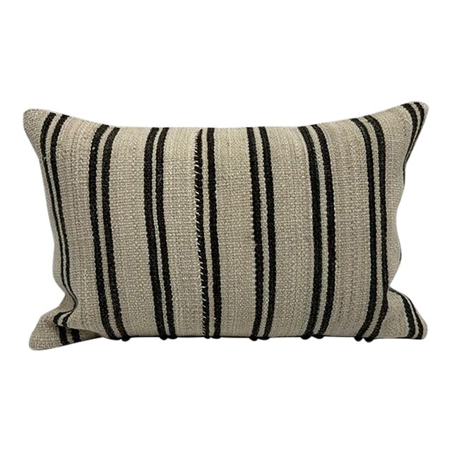 Turkish Hemp Pillow Cushion Natural Beige Black Pillow Cushion Cover 16" x 24" For Sale