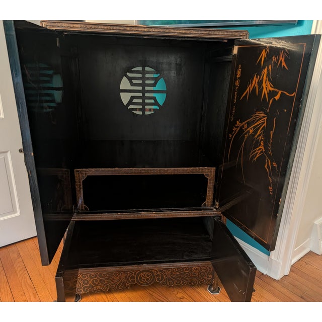 Vintage Chinese Chinoiserie Black Lacquer Armoire Cabinet For Sale - Image 9 of 14