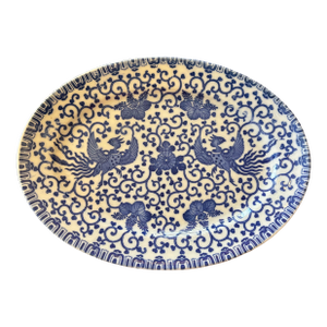 1920s Antique Morimura Blue and White Porcelain Phoenix Oval Serving Dish 10” Japan