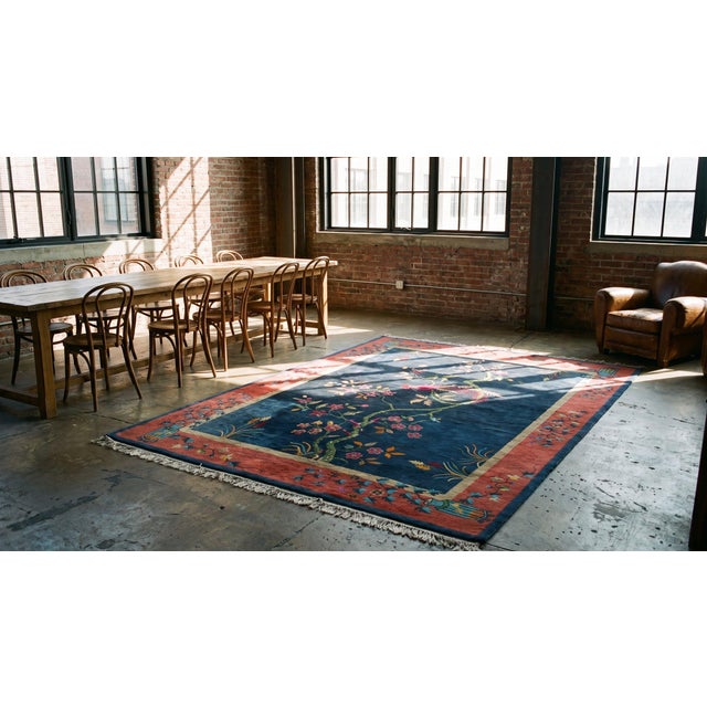 1920s Blue Navy Floral Antique Chinese Art Deco Rug 6' X 8'8" Handknotted Wool Carpet For Sale - Image 9 of 9