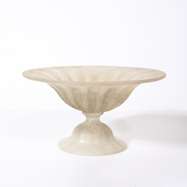 Beige Mid-Century Hand-Blown Murano Fluted & Footed Scavo Glass Centerpiece Bowl For Sale - Image 8 of 11