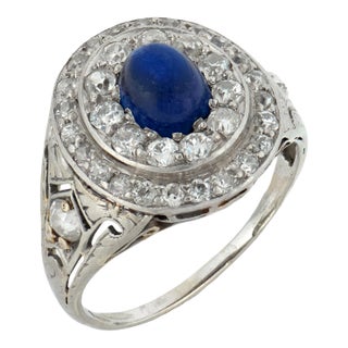 1920s Art Deco Sapphire Diamond 18k White Gold Ring, Size 4.75 For Sale